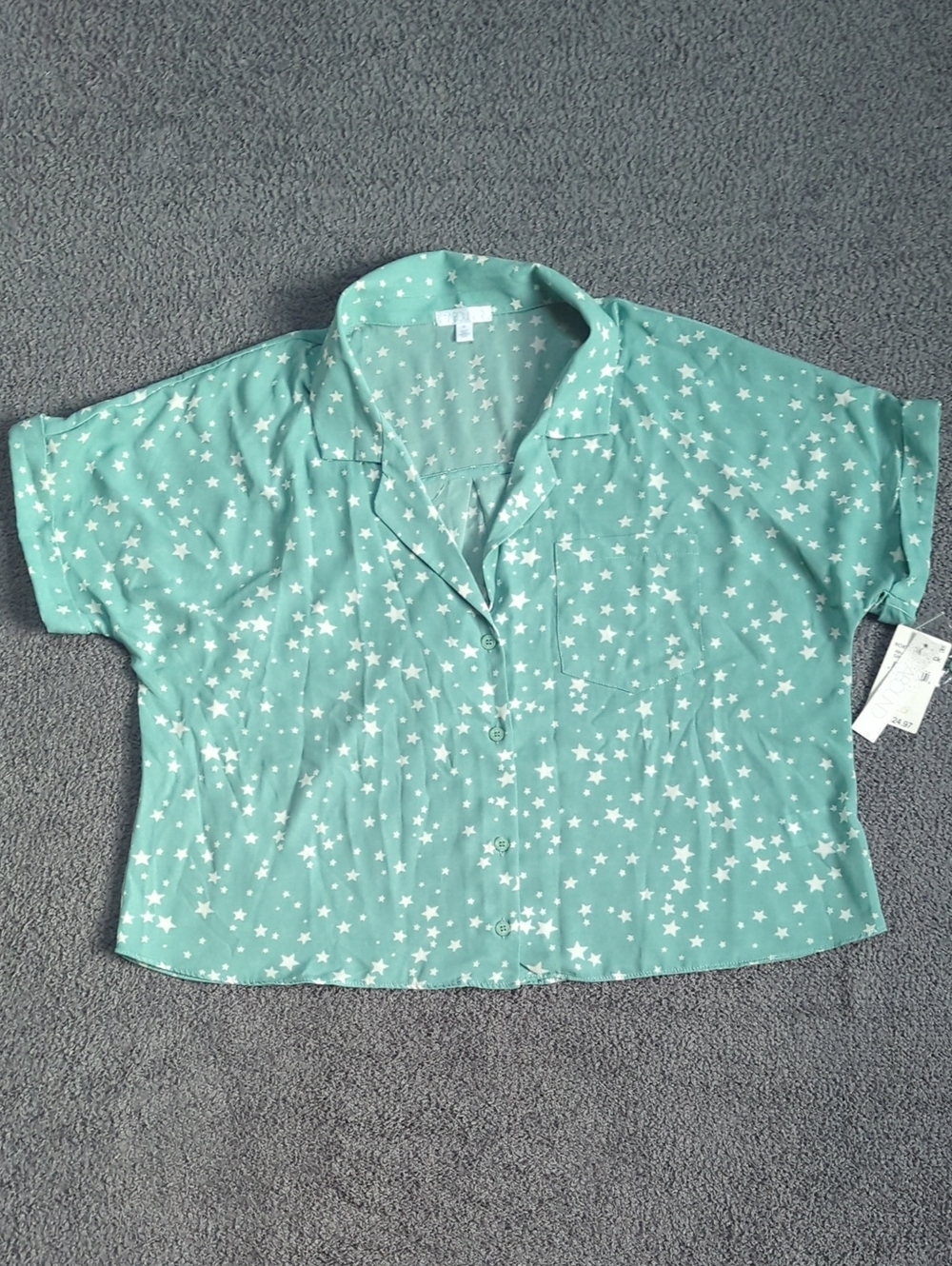 Women’s Teal Mint Green Star Print Button-Front Crop Top